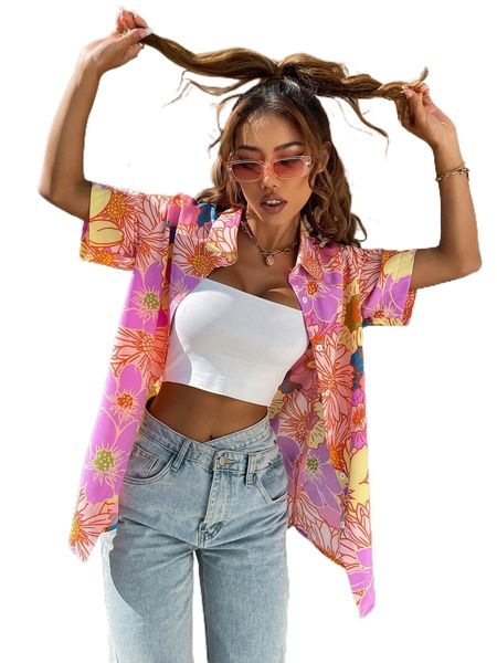 

floral print longline blouse 22be#, White
