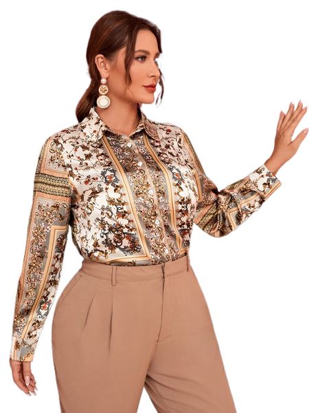 

plus scarf print high low hem satin shirt d5ex#, Black