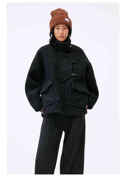 

women's wool & blends ganni blend teddy coat spring and autumn black cowl button loose high collar woman jacket r8ci