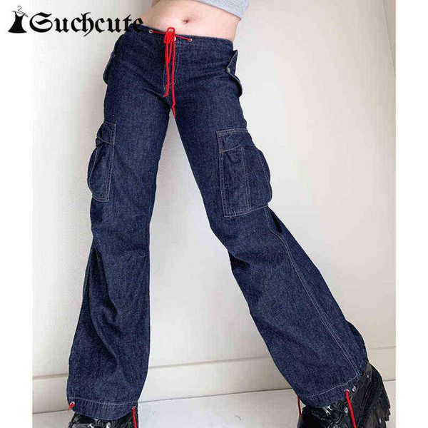 

women's jeans suchcute vintage solid women jeans harajuku streetwear casual pocket bule denim trousers 90s korean fashion bandage baggy, Blue