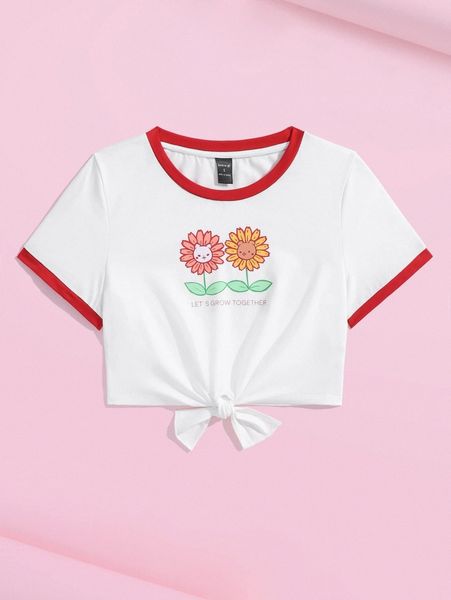 

x kimchikrafts floral contrast trim tee m27l#, White