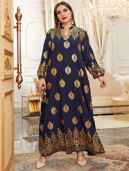 

plus gold damask print notched neck lantern sleeve dress u0ar#, Black