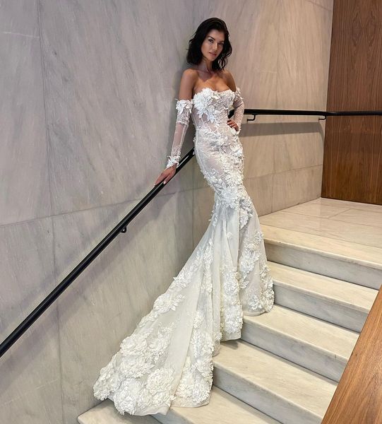 

elegant mermaid wedding dress long sleeves strapless sweetheart appliques 3d flower floor length illusion custom made ruffles bridal dresses, White