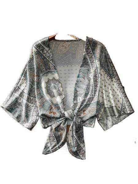 

plus scarf print batwing sleeve knot front q6x3#, Black