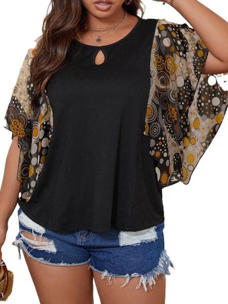 

plus polka dot flutter sleeve blouse q82w#, Black