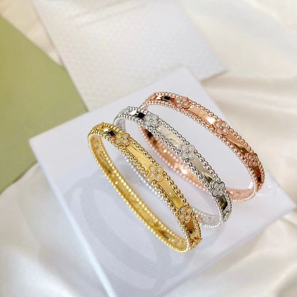 

18k gold luxury clover designer bangle bracelets for women silver charm elegance charm leaf shining crystal bling bracelet jewelry, Black