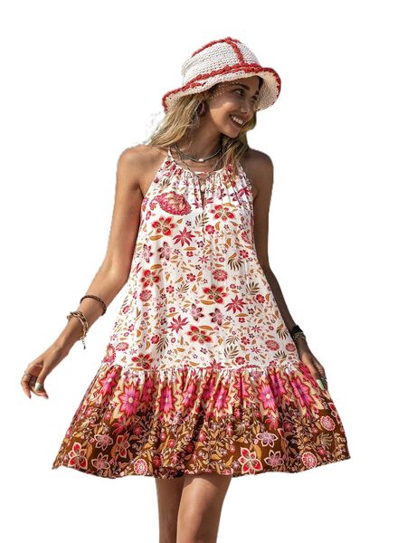 

rusttydustty floral print ruffle hem halter dress 88bv#, Black;gray