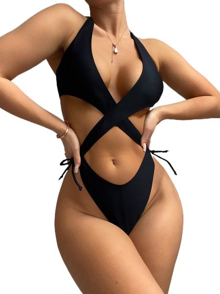 

cut-out cross one piece swimsuit p8ca#, White;black