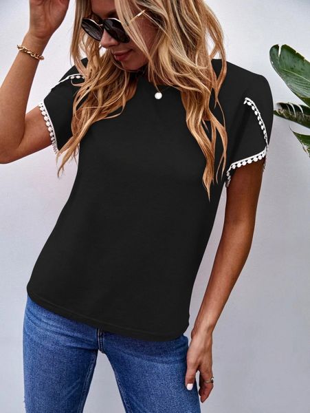 

lace trim petal sleeve tee a0vd#, White