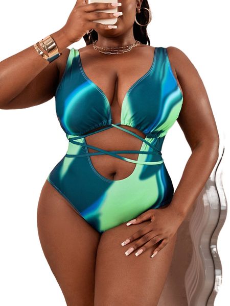 

plus ombre cut out crisscross tie back one piece swimsuit q18j#, White;black