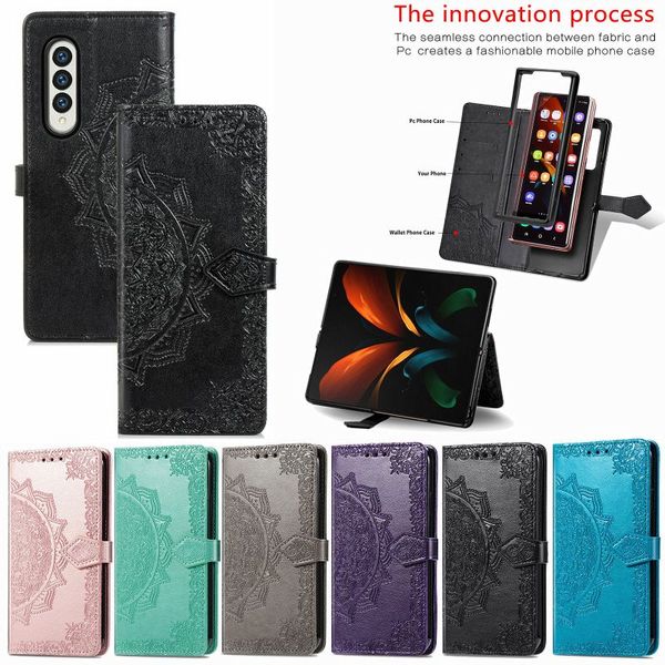 Custodia a portafoglio floreale in rilievo 3D Mandala Flower Custodia a portafoglio floreale con stampa Flip pieghevole in pelle antigraffio antiurto per Samsung Galaxy Z Fold 4 3 5G Fold3 Fold4