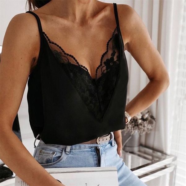 

womens fashion tanks elegant soild color printing lace splicing harajuku casual vneck suspender camis ropa mujer 220607, White