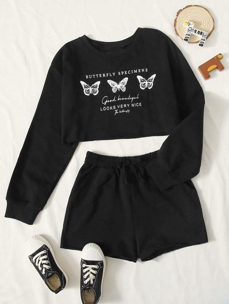 

sheen girls off shoulder butterfly and slogan pullover and shorts set she, White