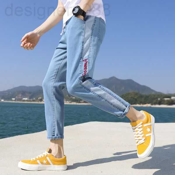 

men's jeans designer 2021 summer men's jeans thin slim fit small feet elastic trend pai gow pants korean trend 3flf, Blue