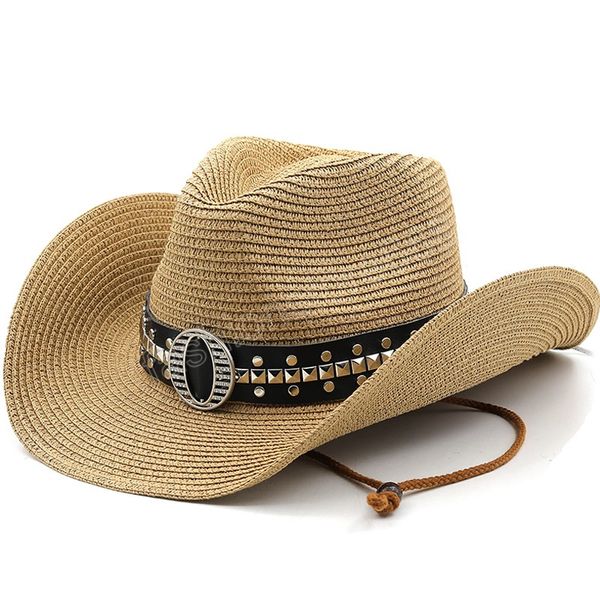 

beach hats summer rivet belt panama cowboy cap lady casual trilby fedora hat male straw hat uv protection wide brim sombrero, Blue;gray