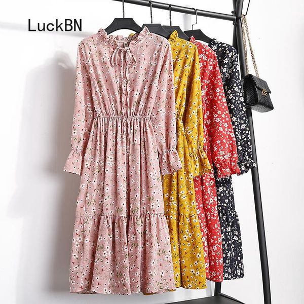 

bow tie collar women spring chiffon dress autumn long sleeve ruffle tight waist shirt dresses casual slim floral print vestidos, Black;gray