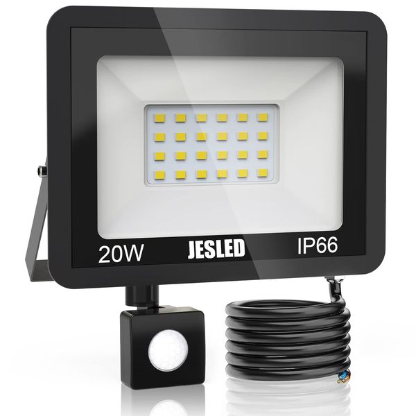 JESLED Sicherheits-Flutlichter mit Bewegungssensor, 20 W, 2200 lm, LED-Flutlicht, PIR-Sensor, 6000 K, Lichter für den Außenbereich, IP66, wasserdicht, für Garten, Hinterhof, Garage