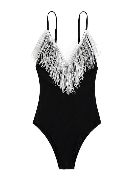

fringe trim one piece swimsuit s789#, White;black