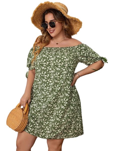 

plus ditsy floral knot cuff dress l8xw#, Black