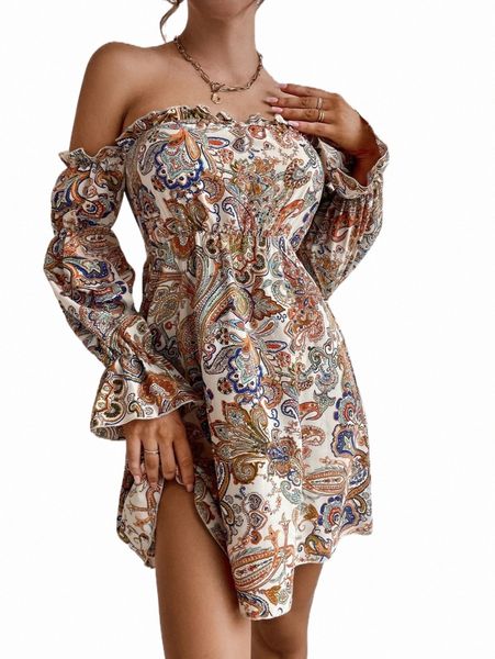 

floral & paisley print off shoulder flounce sleeve dress n3ls#, Black;gray
