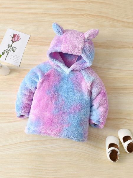 

baby tie dye raglan sleeve 3d ear design flannel hoodie she, Black