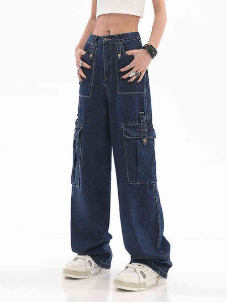 

2022 cargo broek y2k streetwear harajuku vintage baggy jeans vrouwen zakken wijde pijpen casual hoge taille denim straight broek l220726, Blue