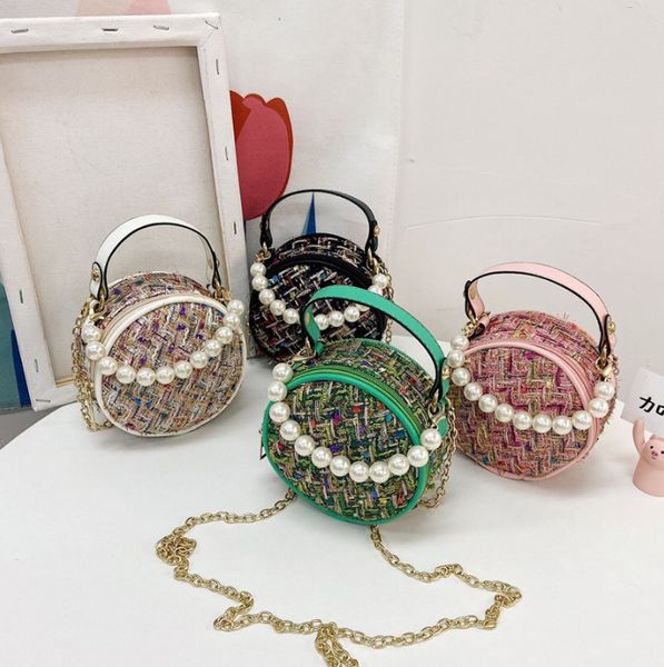 

lady style girls pearl chain handbags kids plaid circular princess bags children single shoulder bag purse a8557, Black