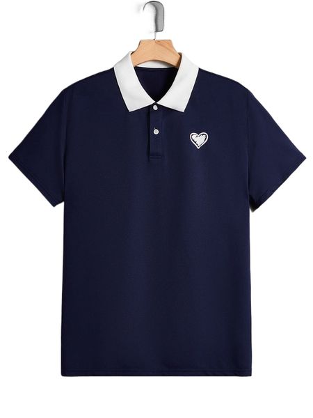 

men heart print contrast collar polo shirt s65e#, White;black