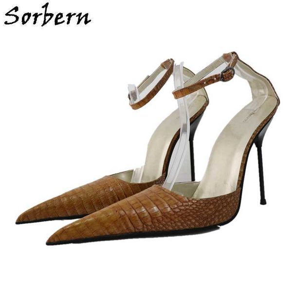 

sorbern custom dress shoes crocodile ankle strap real leather pumps women pointy toes metal high heel 13cm stilettos sissy boy night club fo, Black