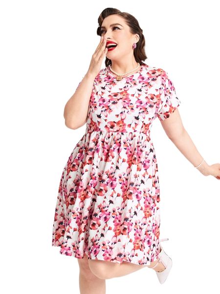 

plus allover floral print dress t4s0#, Black