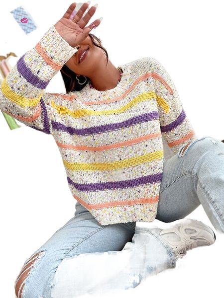 

plus colorful striped pattern drop shoulder popcorn knit sweater 00ne#, Black
