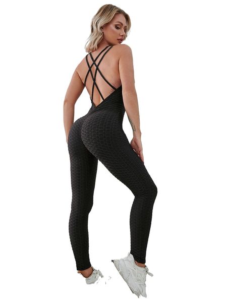 

crisscross backless honeycomb textured sports jumpsuit l4ld#, Gray