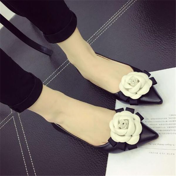 

designer fashion camellia flowers women dress shoes shallow mouth pointed toe flat shoes low heel leather lady sandals, Black