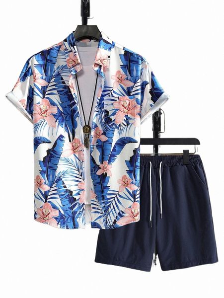 

men tropical print shirt & drawstring waist shorts without tee p84t#, Gray