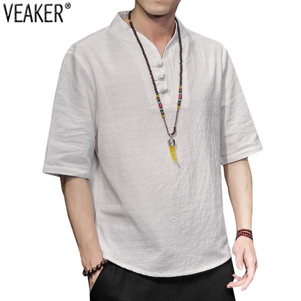 

mens summer cotton linen t shirt male chinese style short sleeve tshirt solid color linen tshirt plus size m5xl 220614, White;black