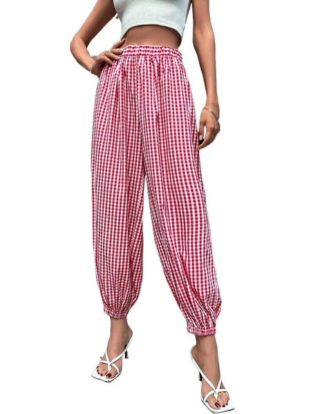 

gingham print elastic waist pants d1bv#, Black;white