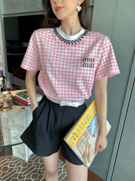 

women's t-shirt designer 22 spring and summer new checkered contrast crystal collar decoration round neck short sleeve t-shirt aging sw, White