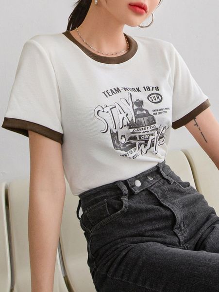 

dazy slogan & car print contrast trim tee t3yd#, White