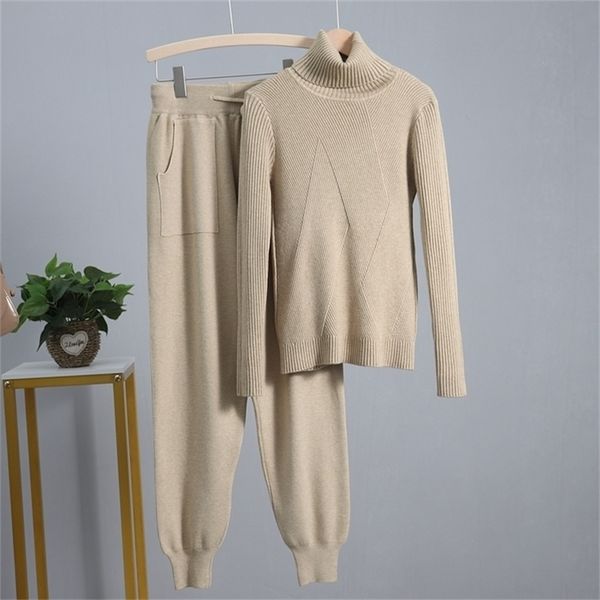 

bygouby sport style sweater suits and sets thick turtleneck sweater long knitted harem pants two pieces sets tracksuits lj201117, White
