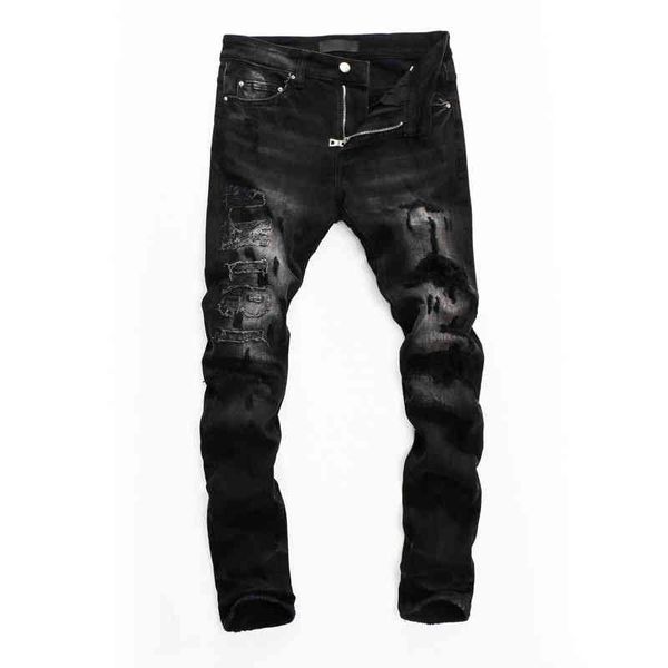 

men's jeans spring and summer fashion hole patch embroidered high street old little foot brand cowboy men's pants eq8w, Blue