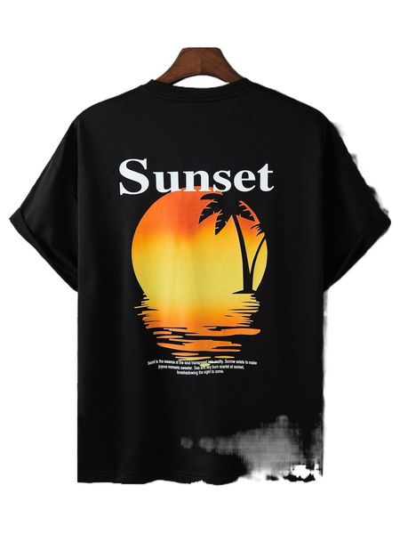 

men slogan & palm tree print round neck tee 40wd#, White;black