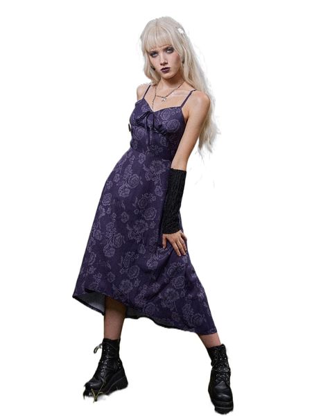 

romwe goth floral print cami dress p7ja#, Black;gray