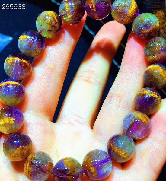 

11.5mm natural cacoxenite purple auralite 23 bracelet round beads gold rutilated quartz canada aaaaaa, Silver