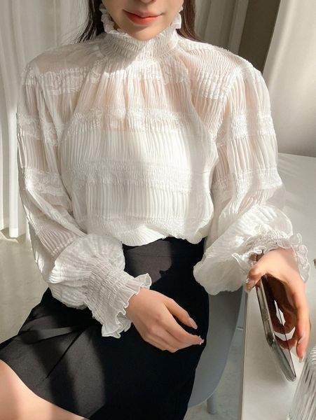 

dazy shirred lantern sleeve lace blouse p7bm#, White