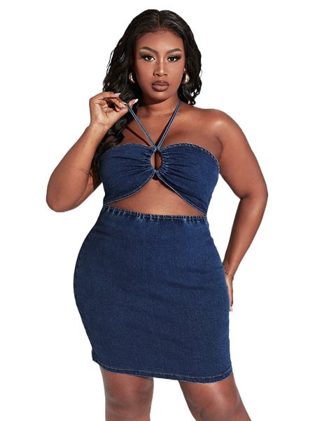 

plus o-ring cutout front denim dress v6ys#, Black