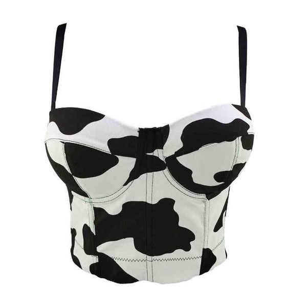 2021 Verão Curto Sexy Vaca impressão Nightclub Feminino Crop Top Mulheres Harajuku Backless Cami tops com construído em sutiã Push Up Bralette G220414