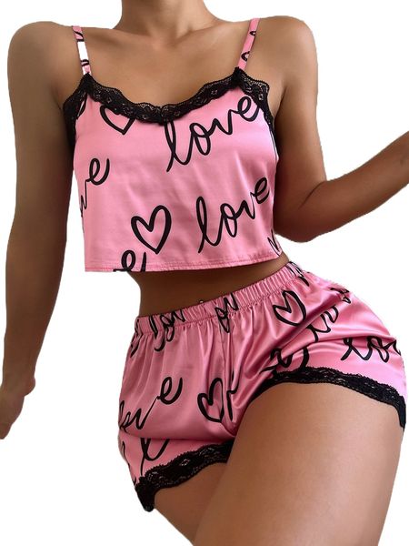 

heart & letter graphic lace trim satin cami & shorts pj set g2ed#, Black;red