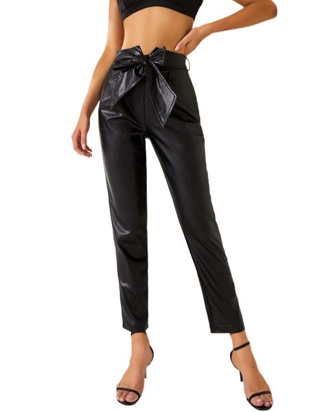 

sbetro high waist belted pu leather pants g424#, Black;white