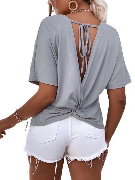 

twist tie back batwing sleeve tee a98y#, White
