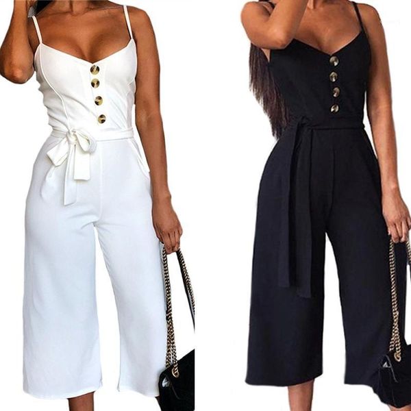 Damen Jumpsuits Strampler Mode Frauen Straps Overall 2022 Sommer Sexy Rückenfrei Ärmellos Button Lace Up Slim Strampler Elegant Weiß B